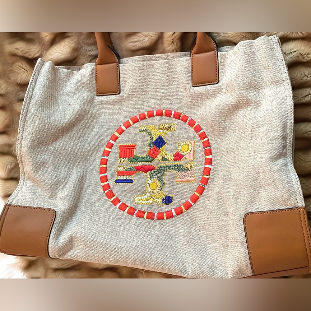 Canvas Tote Bag with Multicolor Embroidered Medallion and Brown Trim